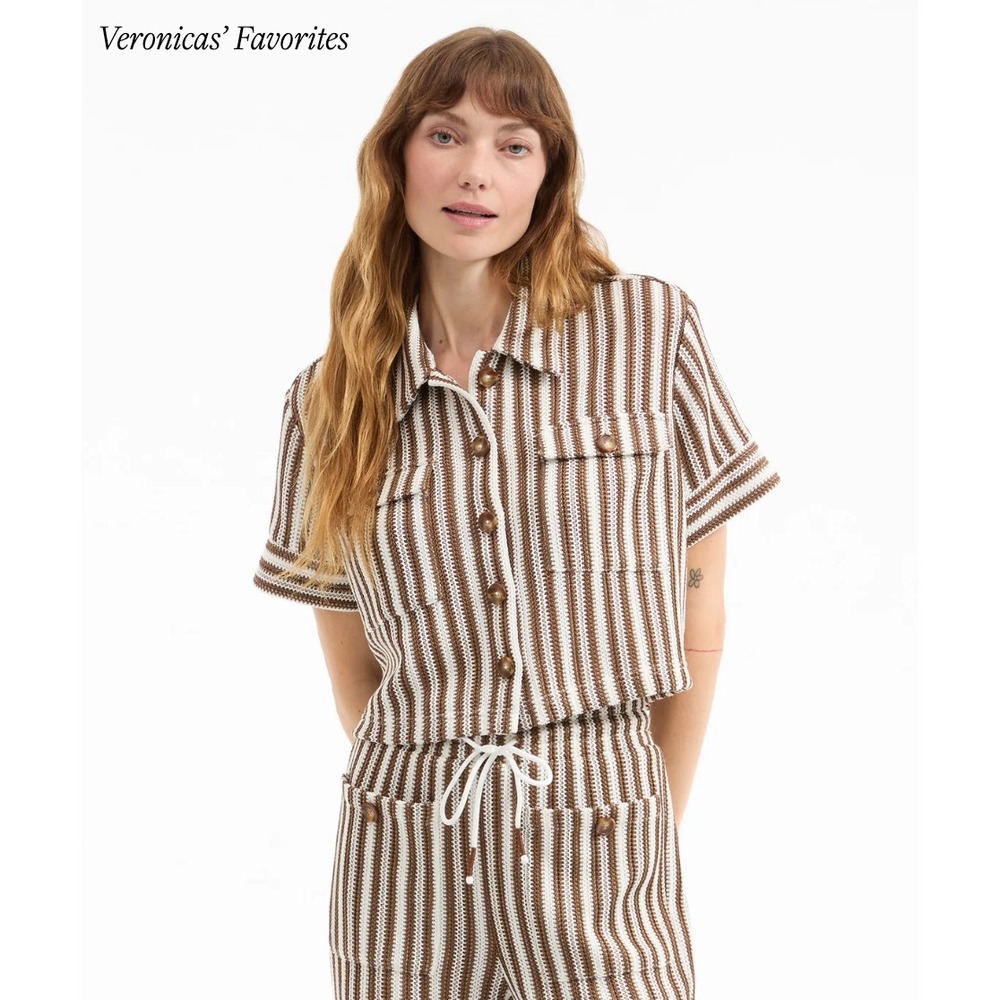 Veronica Beard Women's L Brown Stripe Bouvier Knit Button Down Shirt $298